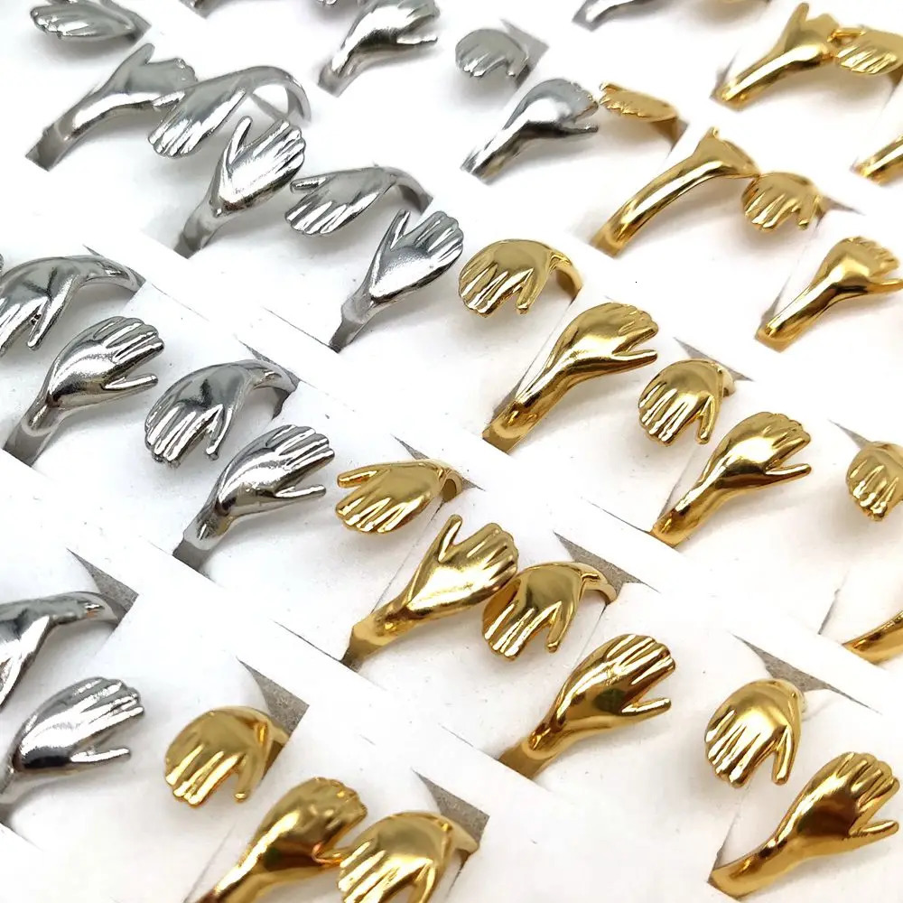 30pcs Style Mix Vintage Stainless Steel Love Hugging Hand Couples Ring Opening Adjustable Romantic Heart Hand Hug Rings 250103