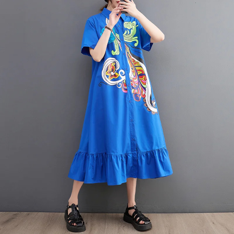 Wxw0214 Summer Black and Blue Flower Printed Long Dress Womens Pocket Loose A-line Dress Short Sleeve Retro Midi Dress Ruffle 250103