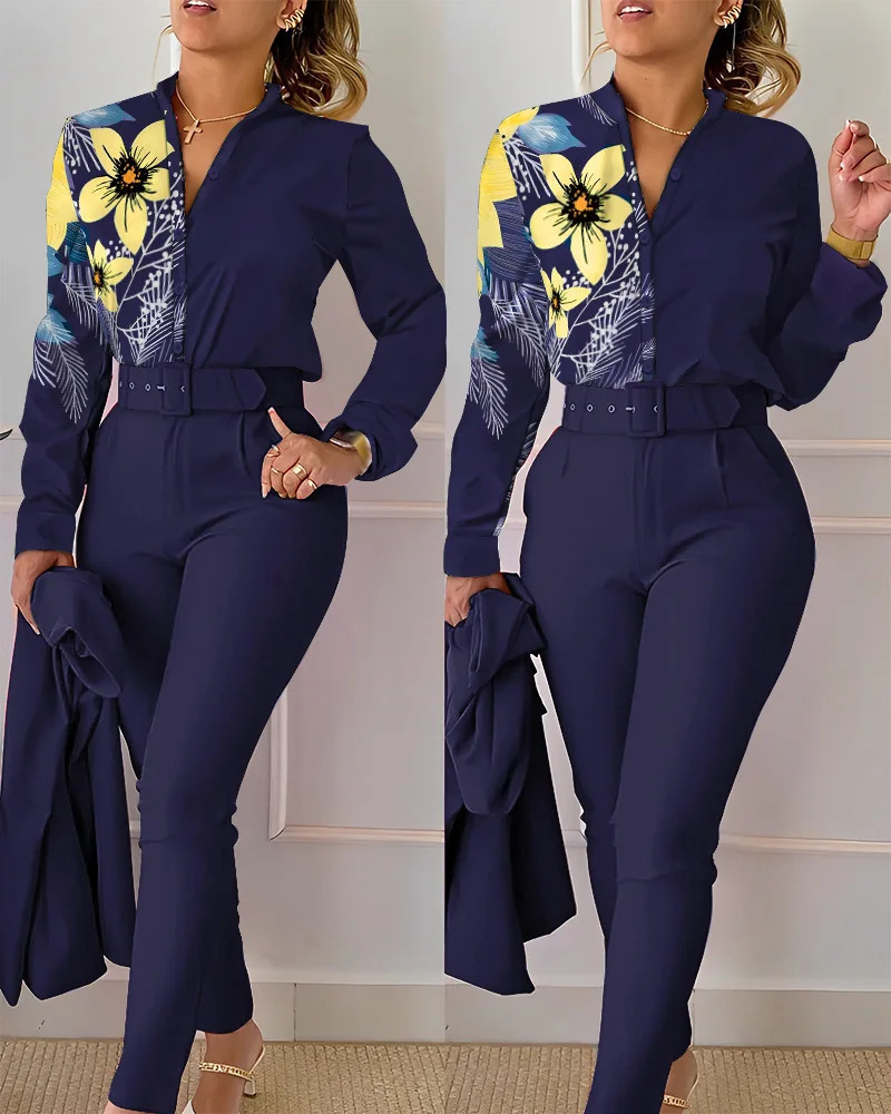Elegant printed shirt and pants two-piece set for womens spring and autumn fashion long sleeved shirt high waisted pants casual set 241230