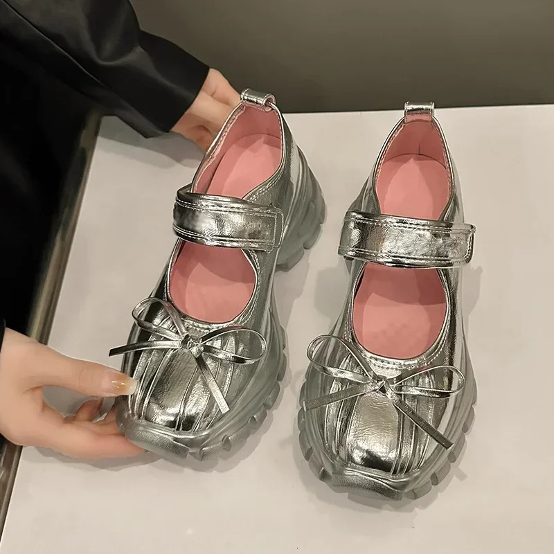 Women Casual Silver Platform Ballet Shoes Thick Sole Sneakers Summer Fashion Single Shoes Woman Platform Mary Jane Pumps 250103