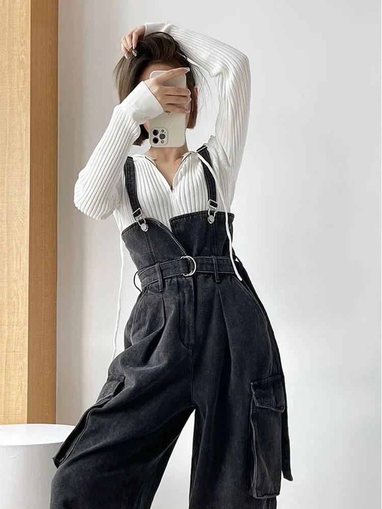 Sexy Denim Overalls Women Vintage Streetwear Jumpsuits Female Korean Fashion Straight Loose Wide Leg Casual Jeans Pants 241230