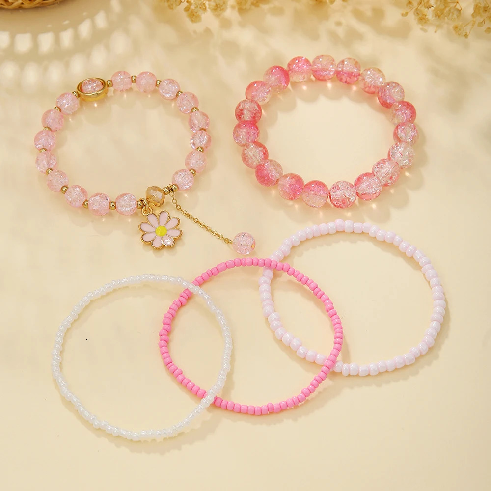 5Pc/s Simple and Sweet Girly Feeling Boudoir Hand Decorated Rice Beads Crystal Small Daisy Fringe Elastic Bracelet Jewelry Set 250102