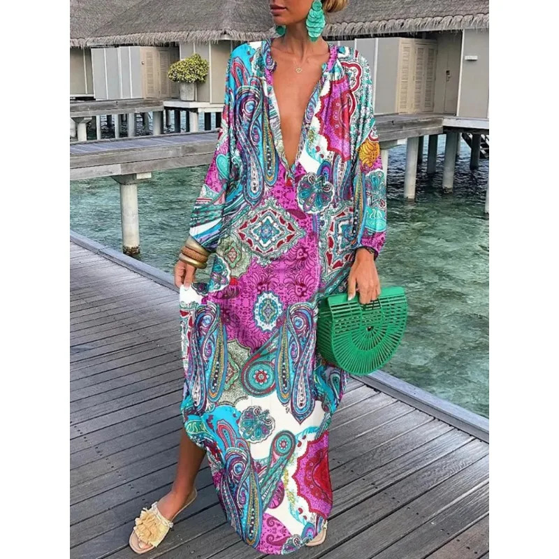 Womens Deep V-neck Dress Summer Retro Elegant Long Sleeve Bohemian Printed Long Dress Womens Sexy Beach Party Loose Long Dress 250103