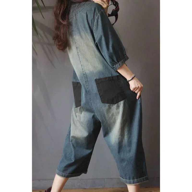 Denim Wide Leg Jumpsuit Women Vintage Large Size Oversize Patch Pocket Jumpsuit Trend LOOSE One Piece Outfit Women Patchwork 241230