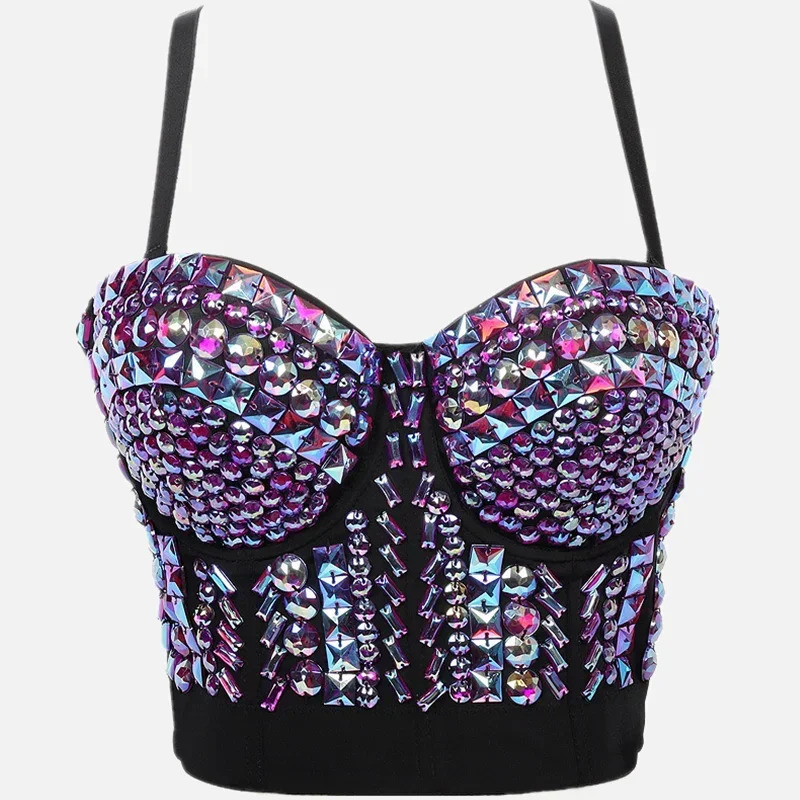 Summer Crop Top Women Sexy Rivet Diamond Corset Woman Clothing Blusas Push Up Bustier Club Bra Camis Handmade Ladies Tank Tops 250103