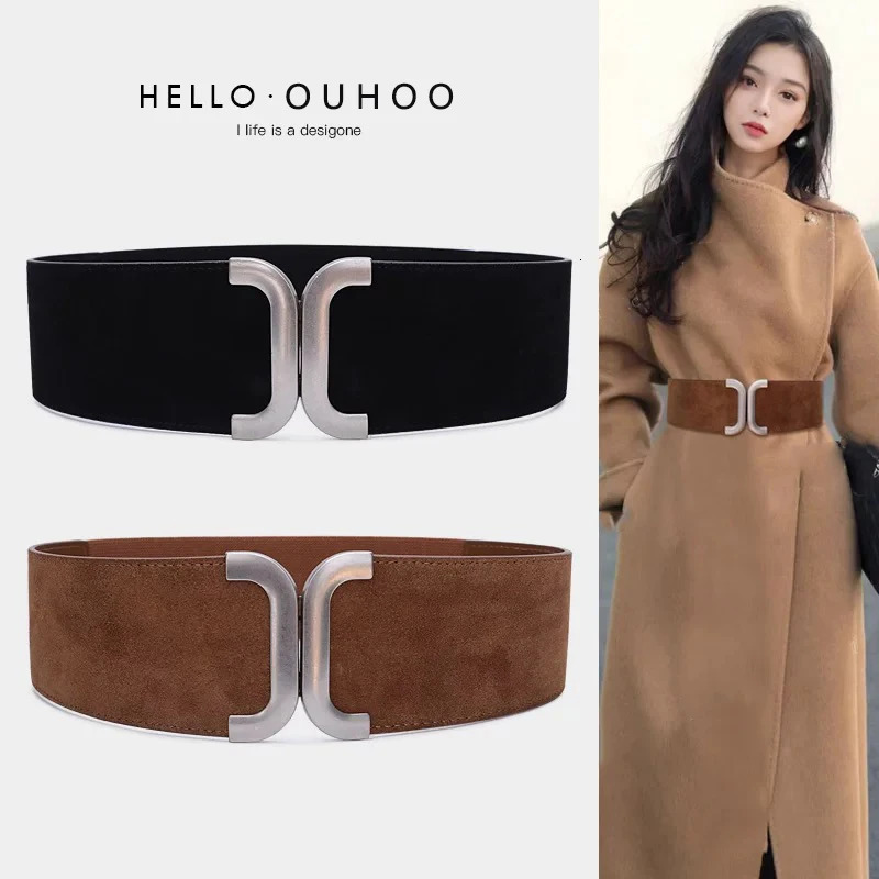 Womens Suede Elastic Belt Wide Stretchy Vintage Sliver Buckle Belts Fashion High Waist 250103