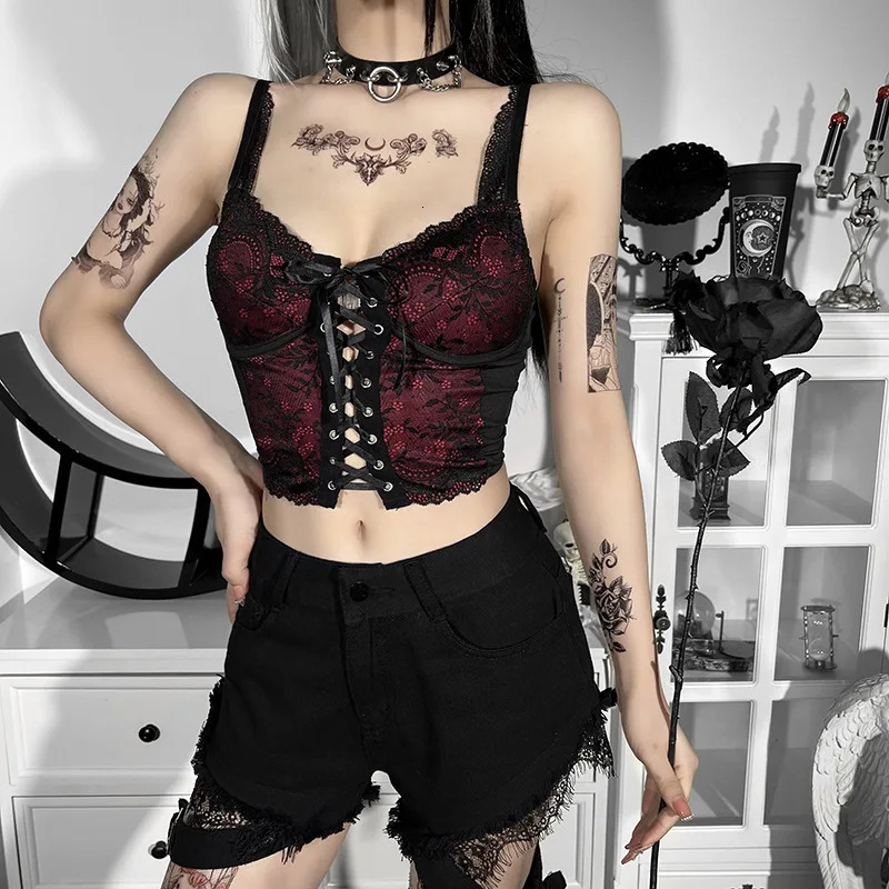 Goth Cross Print Lace Bodycon Crop Top Camis Sexy Y2K Aesthetic Black Red Basic Corset Tank Womens Summer Dress 250103