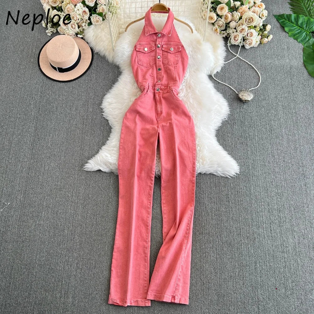 Neploe Vintage Turn-down Collar Sleeveless Bodysuit Korea High Waist Elegant Jumpsuit Safari Style Denim Straight Ropa Mujer 250103