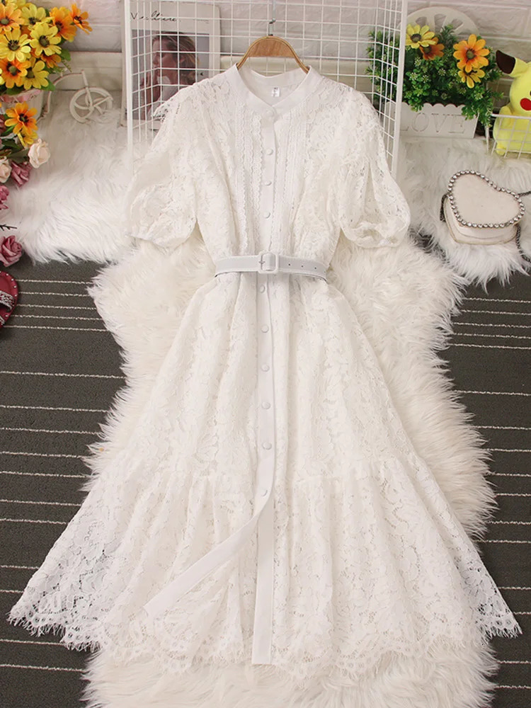 XFPV Sweet Style Y2K Long Dresse For Women Hook Flower Hollow Single-breasted High Waist Dresses Spring Summer 2025 SM5538 250103