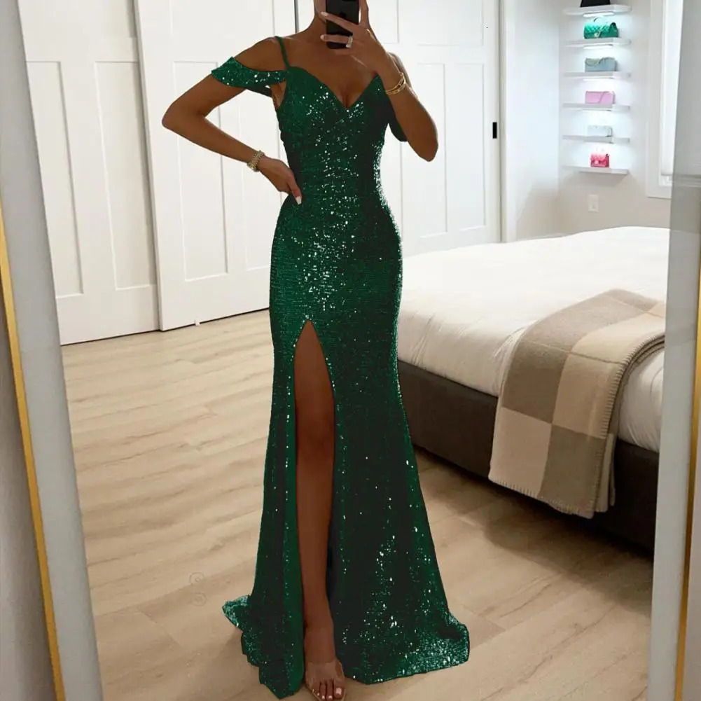 Women Sequin Suspender Dress Long Elegant Ball Gown for Prom Wedding Parties Off Shoulder V Neck Maxi Banquets 250103