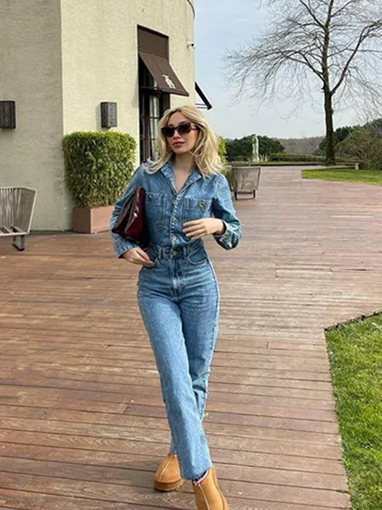Spring Denim Women Jumpsuit Straight Vintage Patch Pockets Long Sleeve Long Jumpsuits Female Elegant Fashion Chic Outfits 241230
