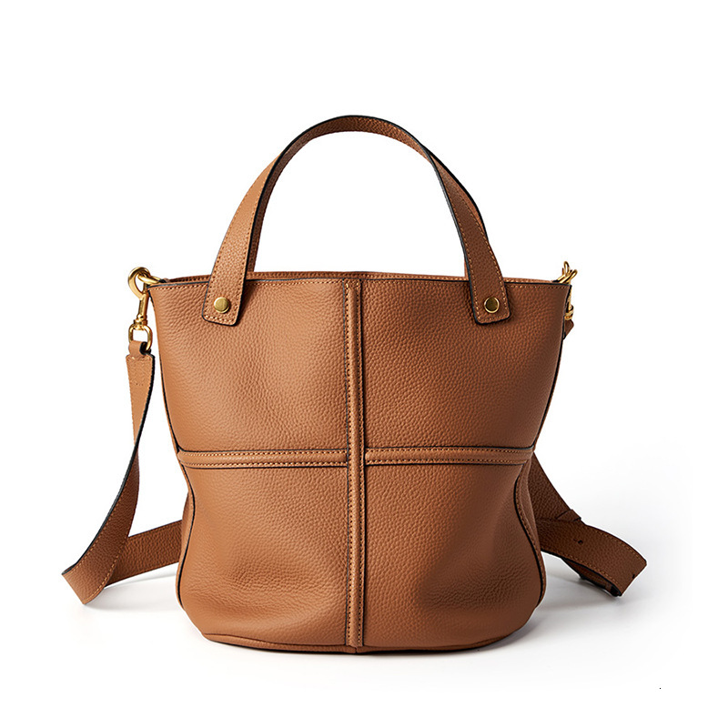 Fashion Genuine Leather Tote Handbags For Women Trendy Brown Commuter Small Hand Bag Female Shoulder Crossbody Buket Purse
