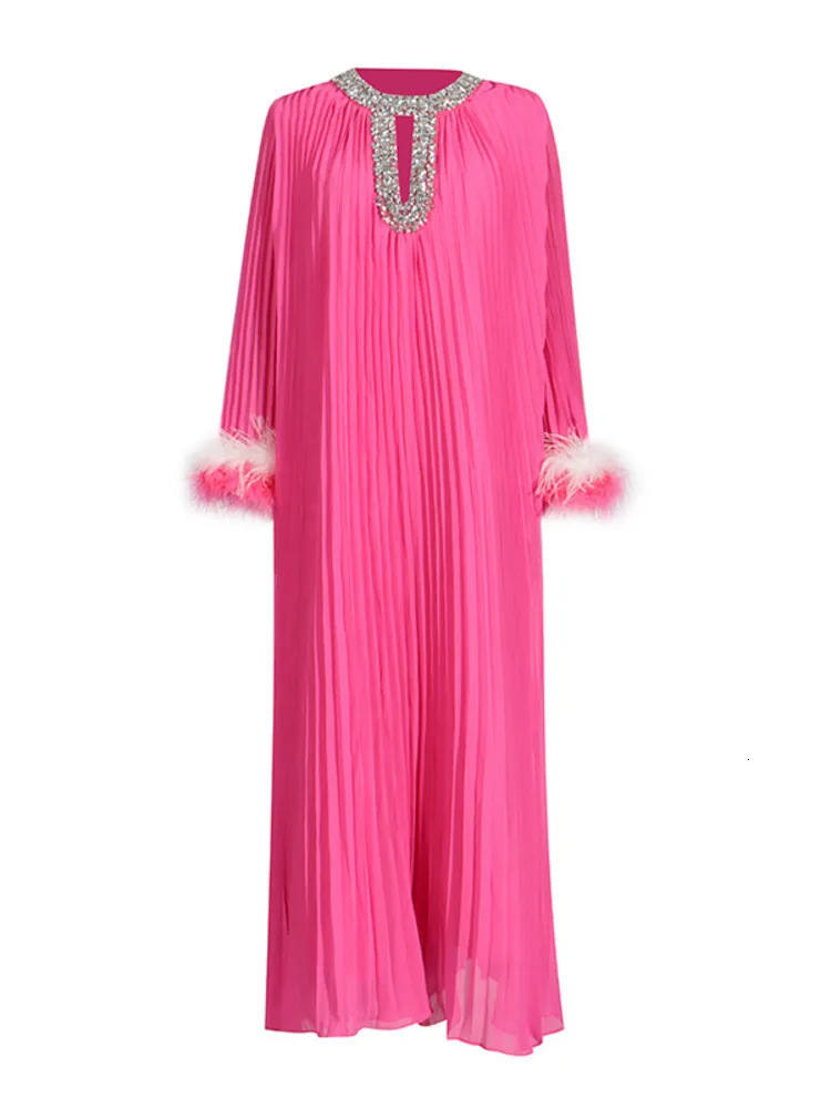 LANMREM 2025 Spring Womens Wear Diamond Splicing Collar Feather Long Sleeve Dress Elegant Clothing 32C1914 250103