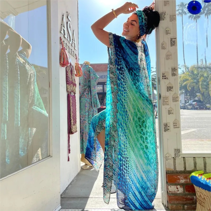 Summer Bikini Womens Long Attic Printed Swimsuit Cover Casual Beach Maxi Dress Abaya Beach Dress Bohemian Dress 250103