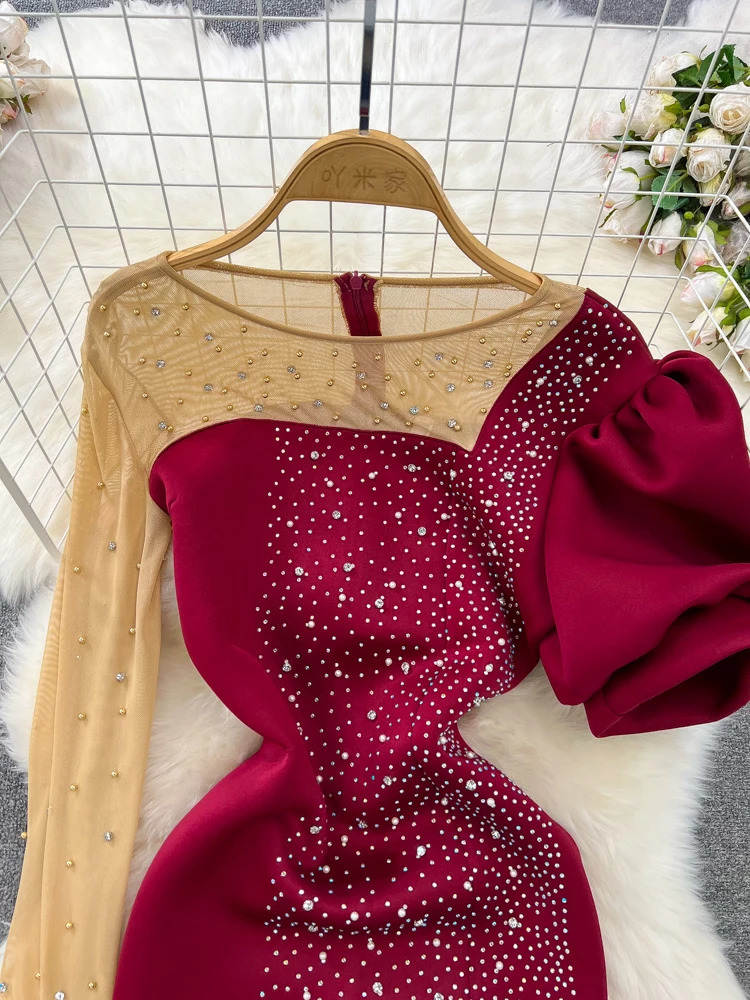XFPV Womens Mesh Patch High Waist Elegant Tank Top Contrast O-Neck Puff Sleeve Dress Autumn/Winter 2025 SM9622 250103