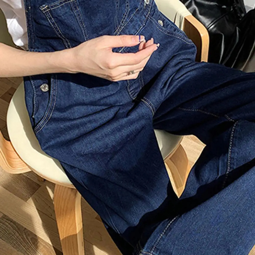 Loose Women Suspender Jumpsuit Adjsutable Strap High Waist Overalls Big Pocket Wide Leg Denim Collarless Young Style Overalls 241230