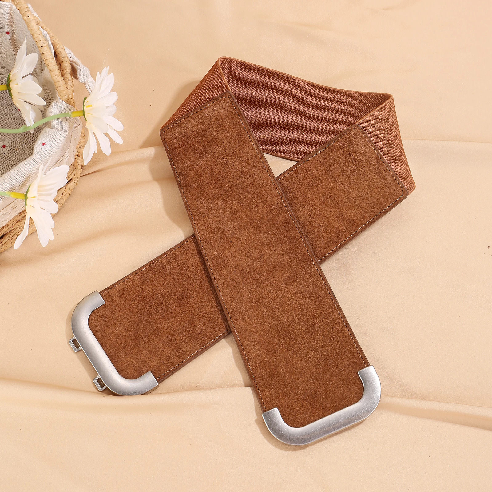 Womens Suede Elastic Belt Wide Stretchy Vintage Sliver Buckle Belts Fashion High Waist 250103