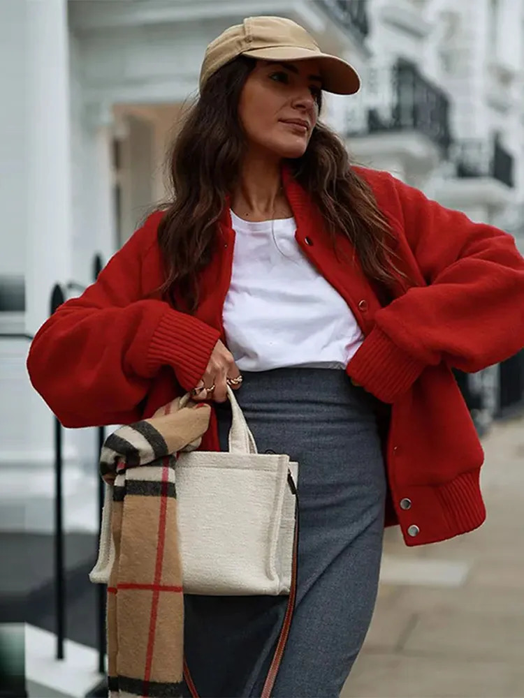 Red Loose Casual Jacket Coat Simple Metal Single Breasted French Woolen Baseball Jackets Fashion Spring Autumn Women Top 250103