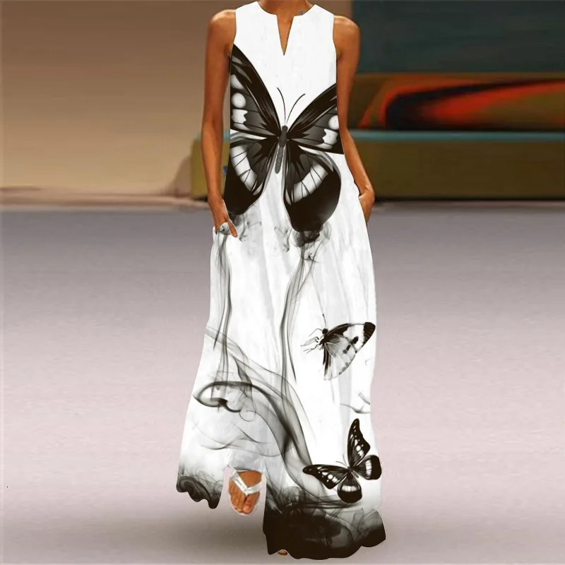 Fashionable V-neck printed sleeveless womens Maxi dress summer casual loose straight beach long dress womens Sundress womens Vestidos 250103