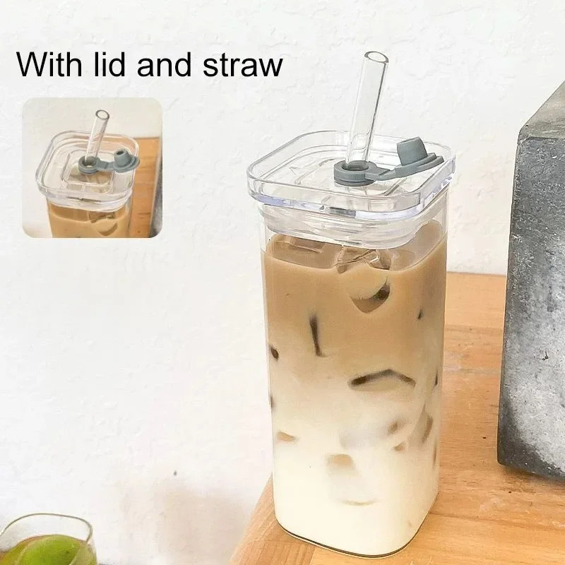 1Pcs Square Heat Resistant Coffee Glass Cup With Lid and Straw Transparent Milk Tea Juice Cups Mug For Home Bar Drinkware 241226