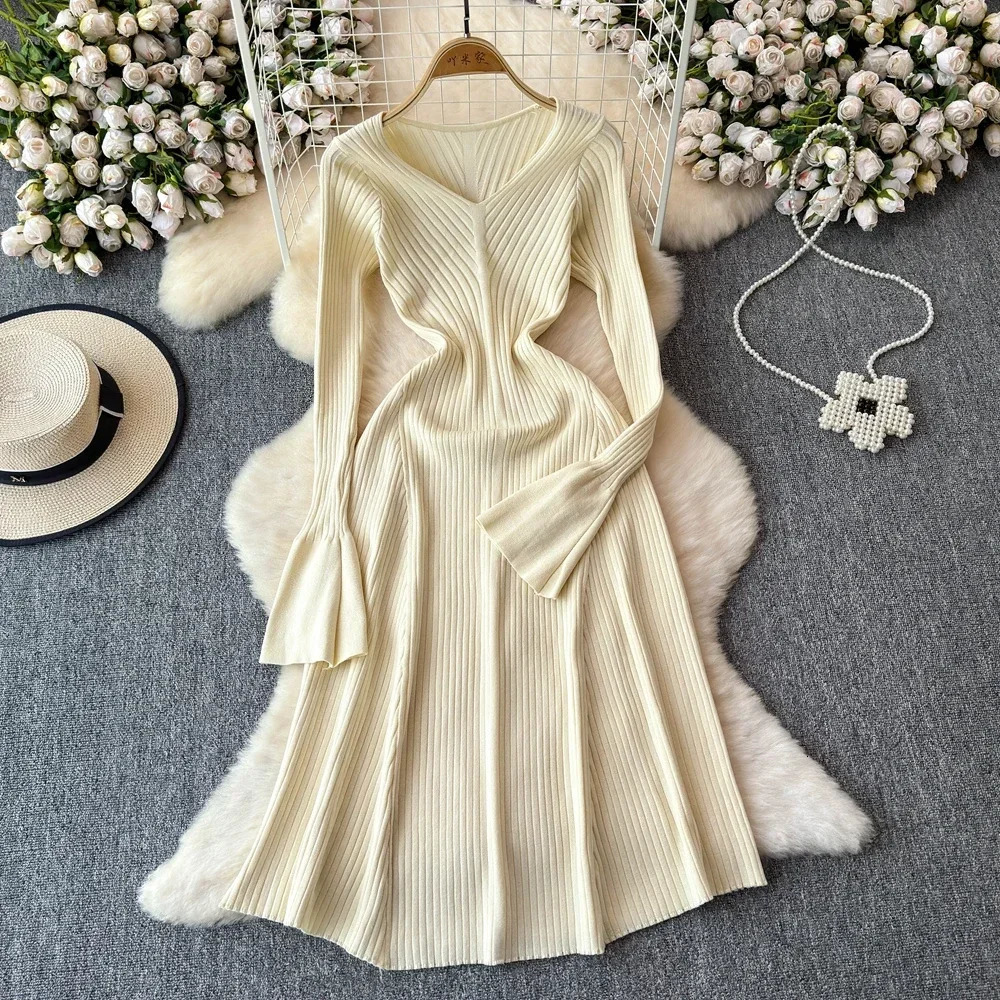 Elegant Knitted Long Dress Women Flare Sleelve V Neck Ruffles Solid Bodycon Dresses Party Fashion Office Lady Vestidos 250103