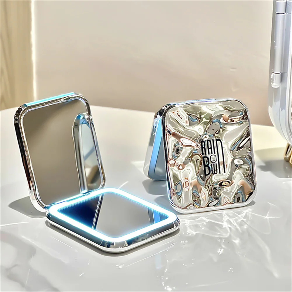 LED Make Up Mirror Student Dormitory With Lights Folding Mirrors Desktop Handheld Mirror Female Portable Travel Cosmetic Mirrors 250103