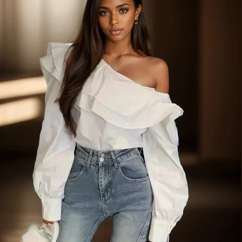 Retro pleated shoulder white shirt for women fashionable long sleeved loose and elegant womens slim fit casual sexy top 8395 241231