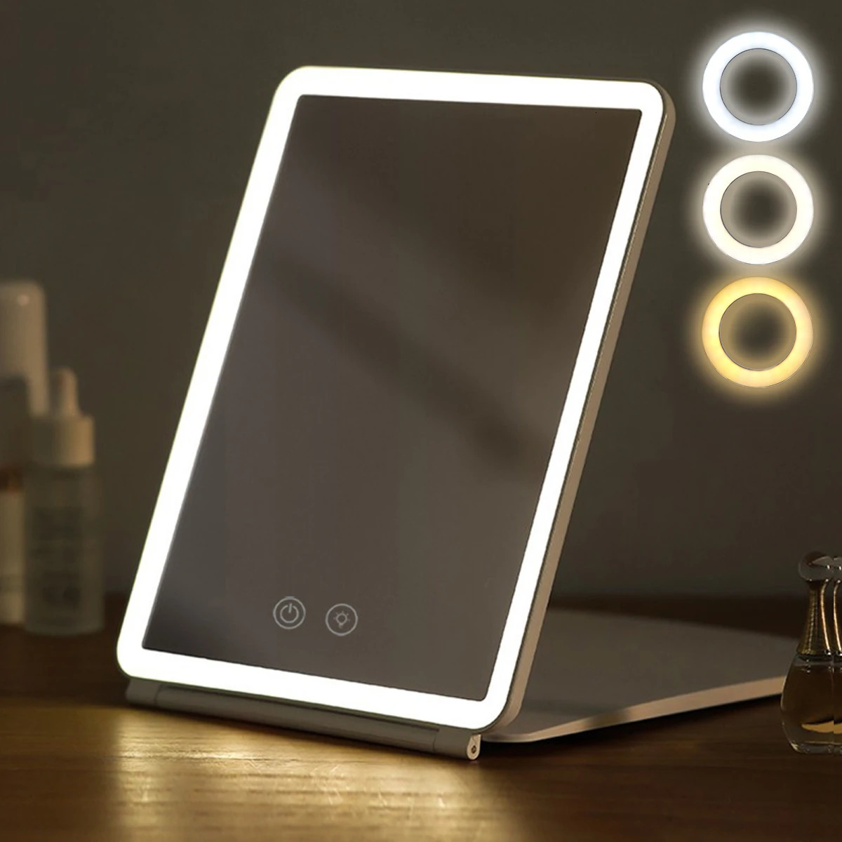 Folding Travel Mirror with 80 LEDs Ultra Thin Makeup Mirror Dimmable Touch Screen USB Rechargeable Portable for Makeup 250103