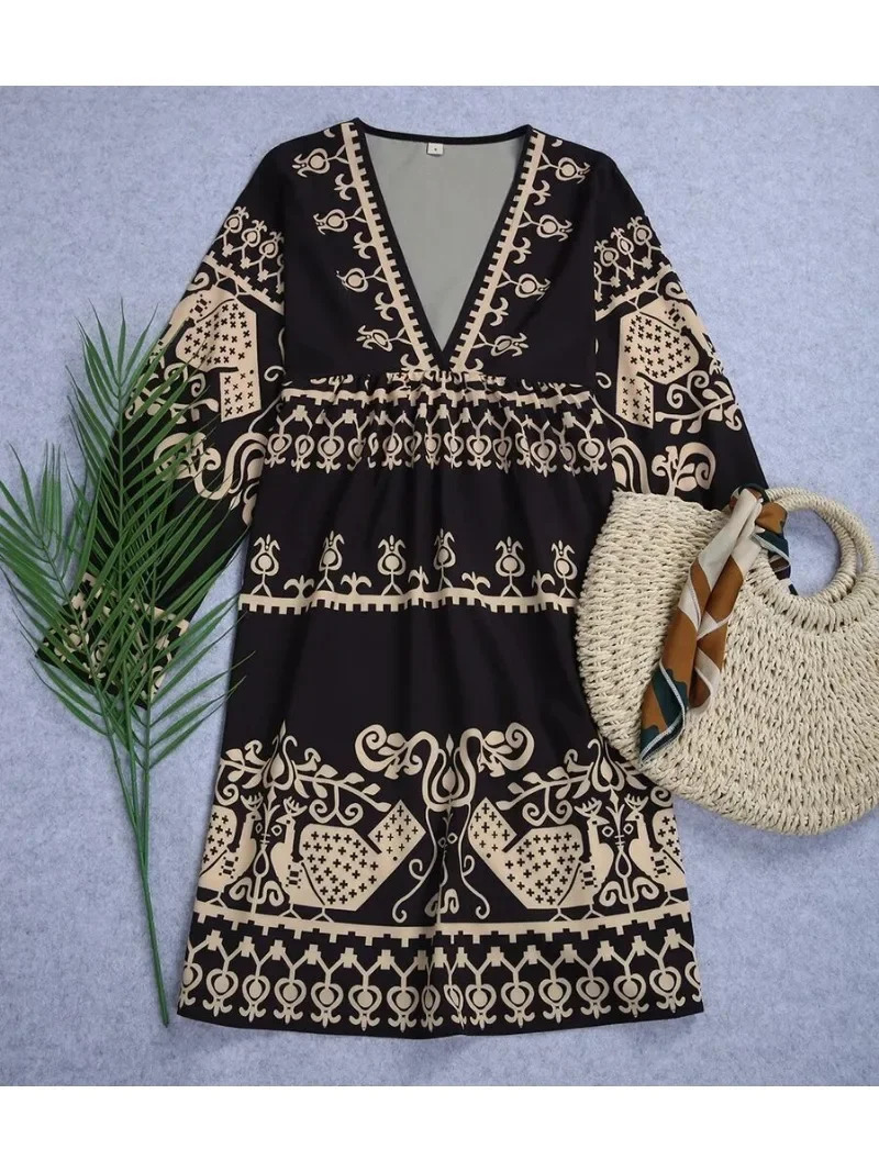 Summer Dress Bohemian Spring Womens Loose Full Body Printed Short Skirt V-neck Pulling Long Sleeve Dress 250103