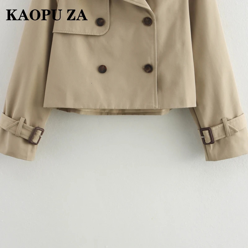 KAOPU ZA 2024 Autumn Ladies Vintage Double Breasted Cropped Trench Coat Womens Solid Short Jacket Lapel Collar Windbreaker 250102