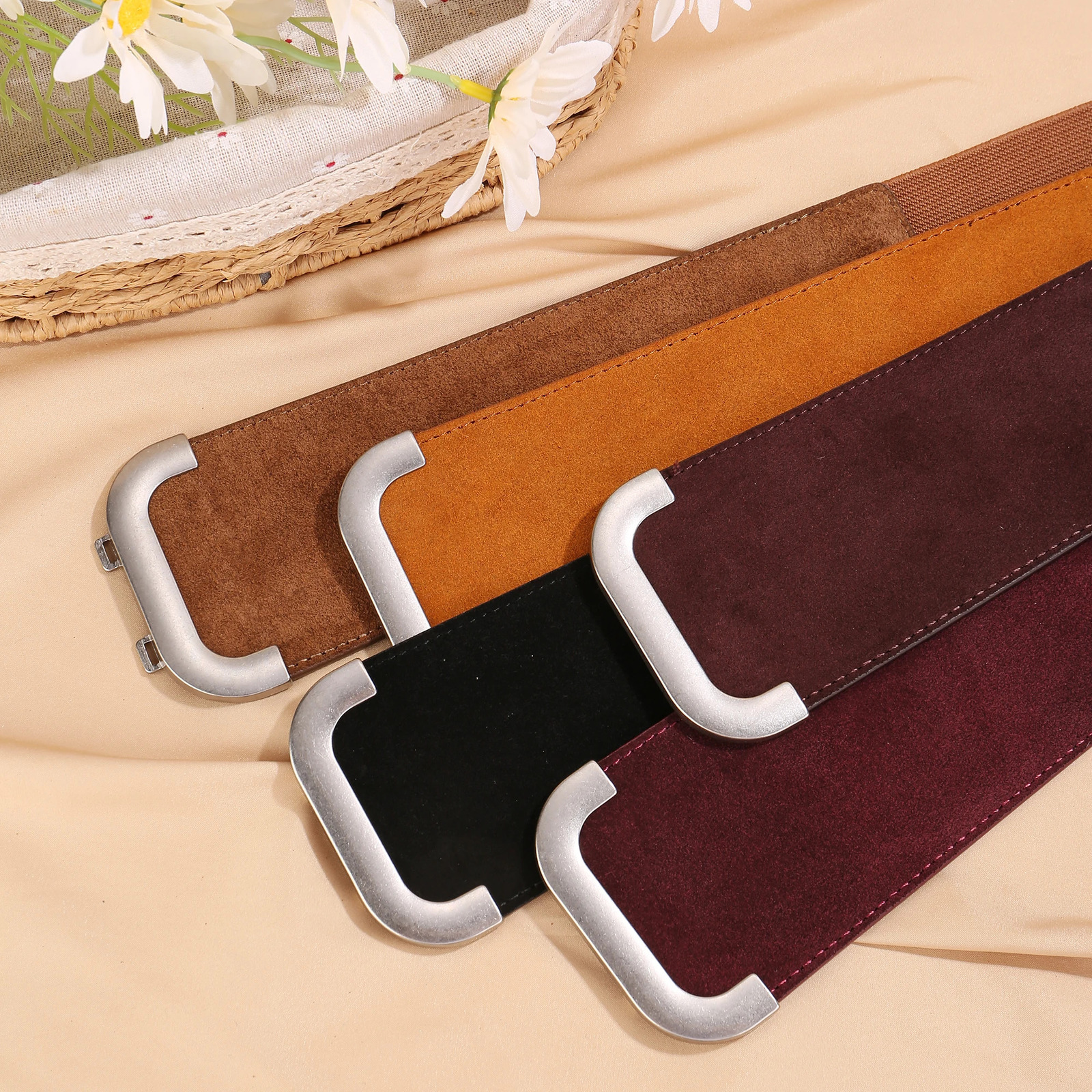 Womens Suede Elastic Belt Wide Stretchy Vintage Sliver Buckle Belts Fashion High Waist 250103