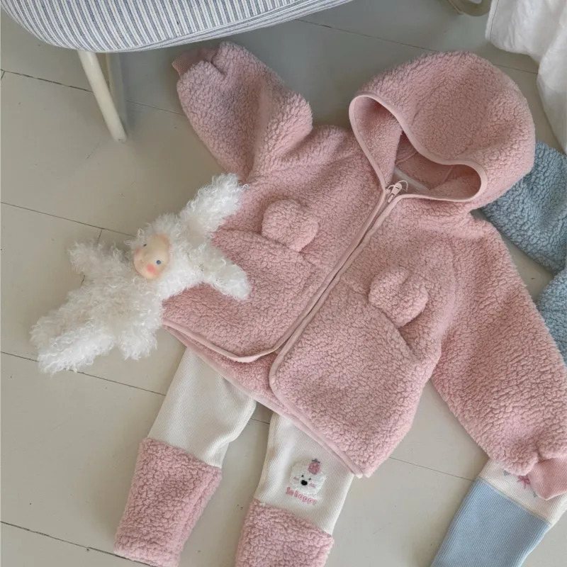 2024 Autumn Winter Korean Kids Girls 2PCS Clothes Set Solid Cartoon Hooded Hairy Warm Coat Patchwork Fleece Leggings Suit 241230