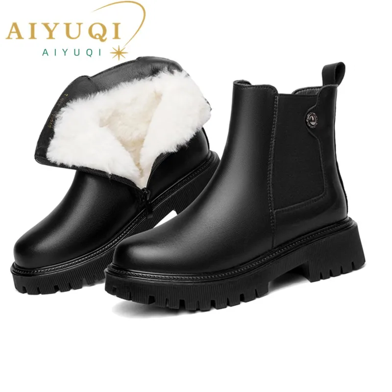 Women Chelsea Boots Genuine Leather Winter Shoes Boots Women Casual Platform Large Size Natural Wool Female Rider Boots