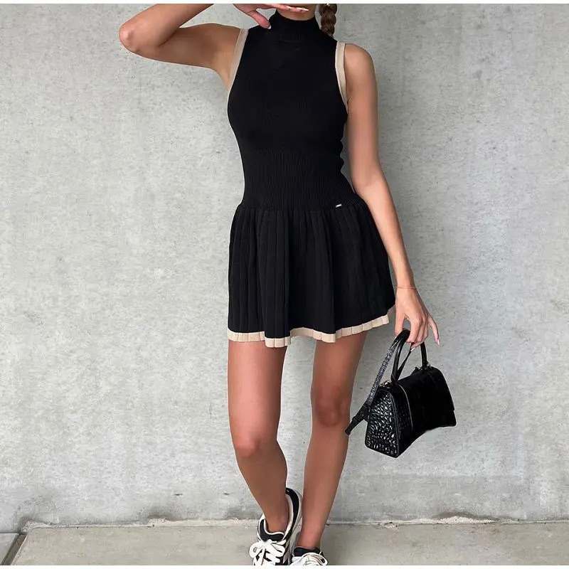 Women Fashion Contrast Pleated Knitted Mini Dress Chic Half High Collar Sleeveless Slim Dresses 2024 Female High Streetwear 250102