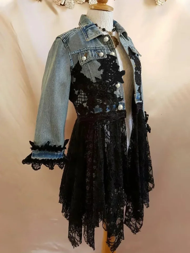 Fashionable Button Up Guipure Lace Patchwork Irregular Hem Denim Jacket Streetwear Long Sleeve Casual Veste Femme 2025 250103