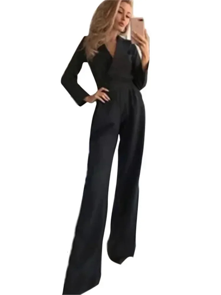 2025 Spring Jumpsuit Women Mid Waist Elegant Commuting Long Sleeve Suit Overalls Wide Leg Pant Casual Solid Waist Jumpsuit 241230