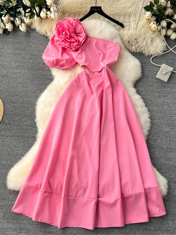 XFPV Women Sweet Temperament Party Dress Three-dimensional Flower Hollowed Out puff Sleeve Vestidos Fashion Summer 2025 SM11252 250103