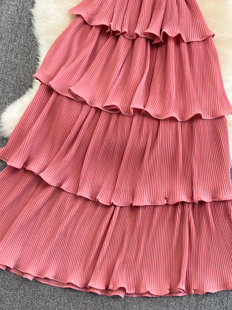 XFPV Women Vacation Pleated Belt Loose Dress Vestidos RobeV- Neck Short Sleeve Arrivals Fashion Temperament Summer 2025 SM3507 250103