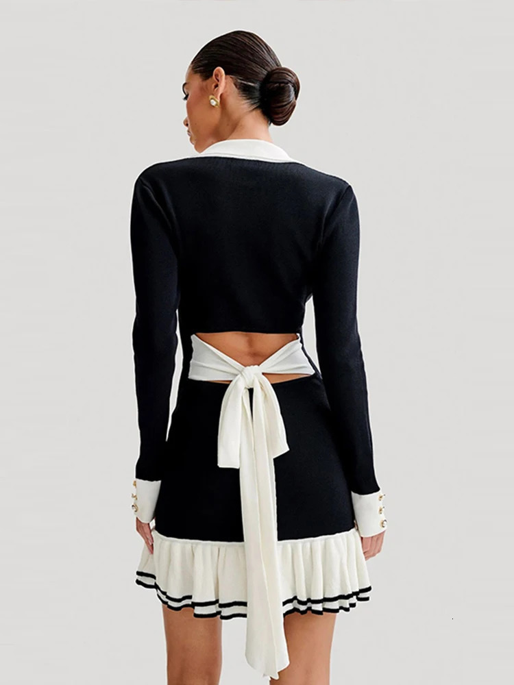 Ruffled Bow Knit Mini Dress Womens Summer Backless Contrast Cardigan Lace-Up Elegant Dress Female Knitwear Bandage Dress 250102