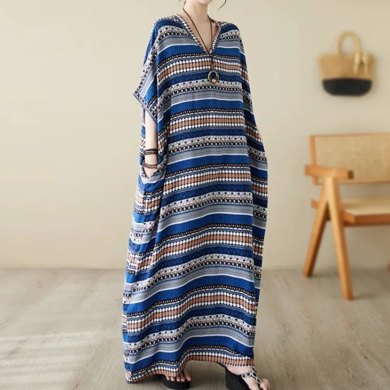 Wxw0212 striped printed long skirt womens short sleeved summer retro floor long skirt pocket loose thin beach vest retro sexy 250103