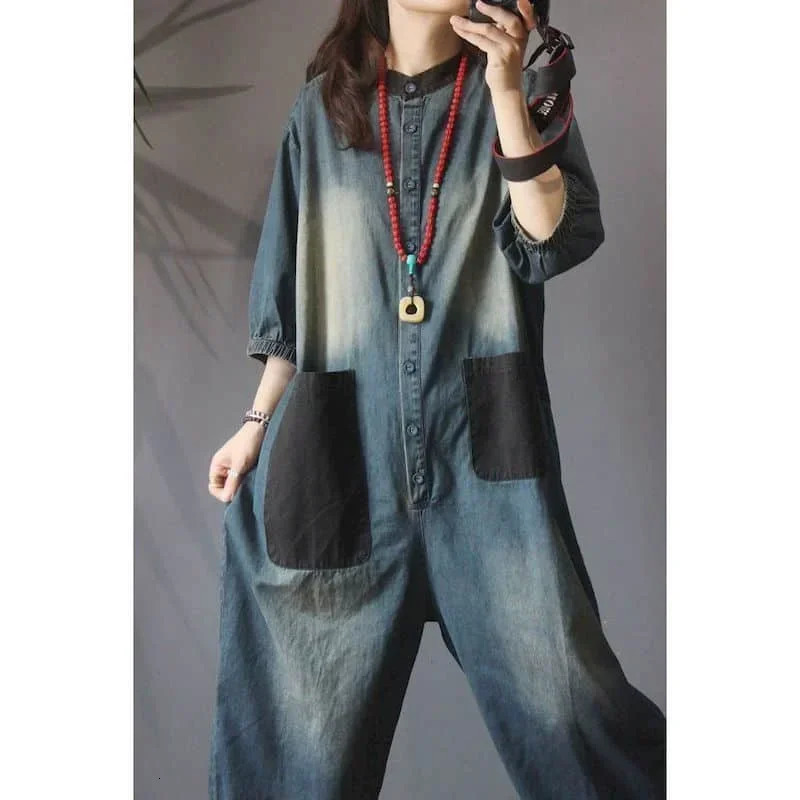 Denim Wide Leg Jumpsuit Women Vintage Large Size Oversize Patch Pocket Jumpsuit Trend LOOSE One Piece Outfit Women Patchwork 241230