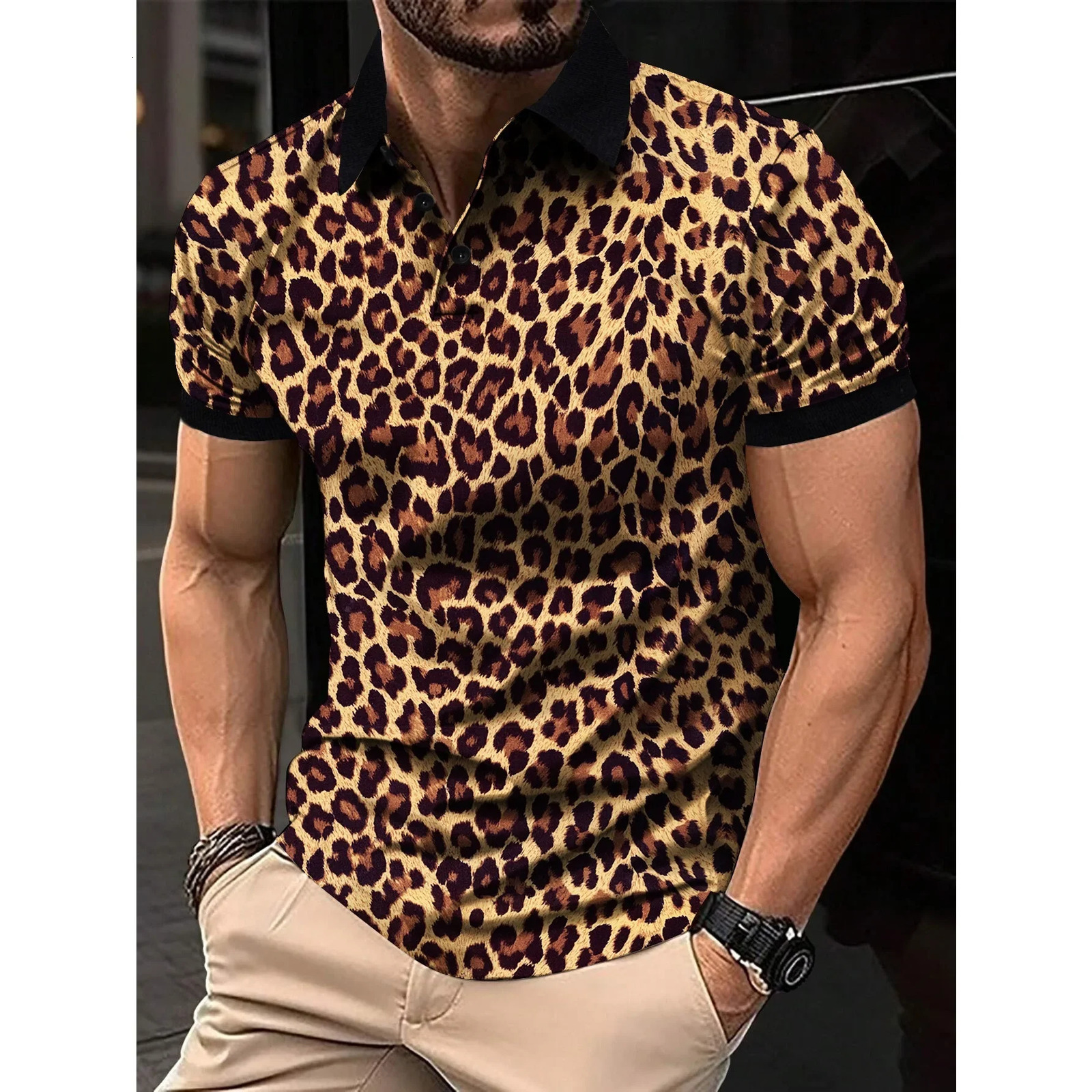 1pc Mens Fashion Tshirt Leopard Print Short Sleeve Breathable Lapel Men Clothing 241224Z