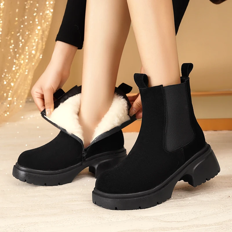 AIYUQI Women's Chelsea Boots Genuine Leather Natural Wool Snow Boots Women's High Heel Women's Ankle Boots
