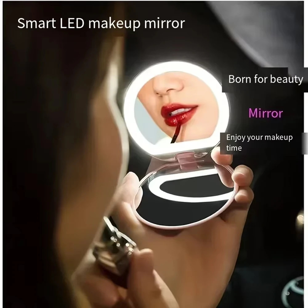 1X/5X Magnifying Travel Folding Compact Pocket Makeup Mirror with Light 3 colors Cosmetic Mirror Portable Rechargeable Touch 250103