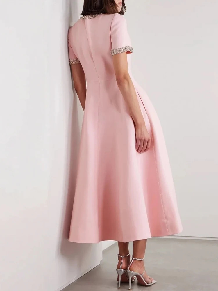 DEAT Elegant Dress O-neck Diamond Edge Bow A-line Short sleeved Womens Evening Dress 2025 Spring Style 35Z1457 250103