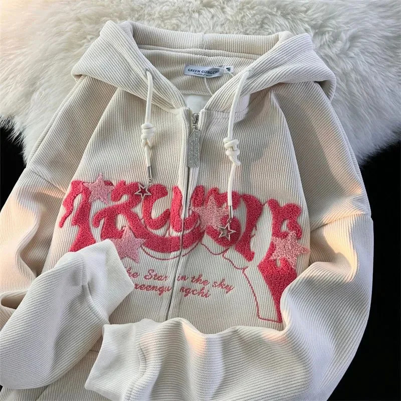 Fashion y Zip Up Hoodies Women Autumn Long Sleeve Tops Loose Hood Shirt Harajuku Y2K Clothes Female Sweatshirt Jacket 250103