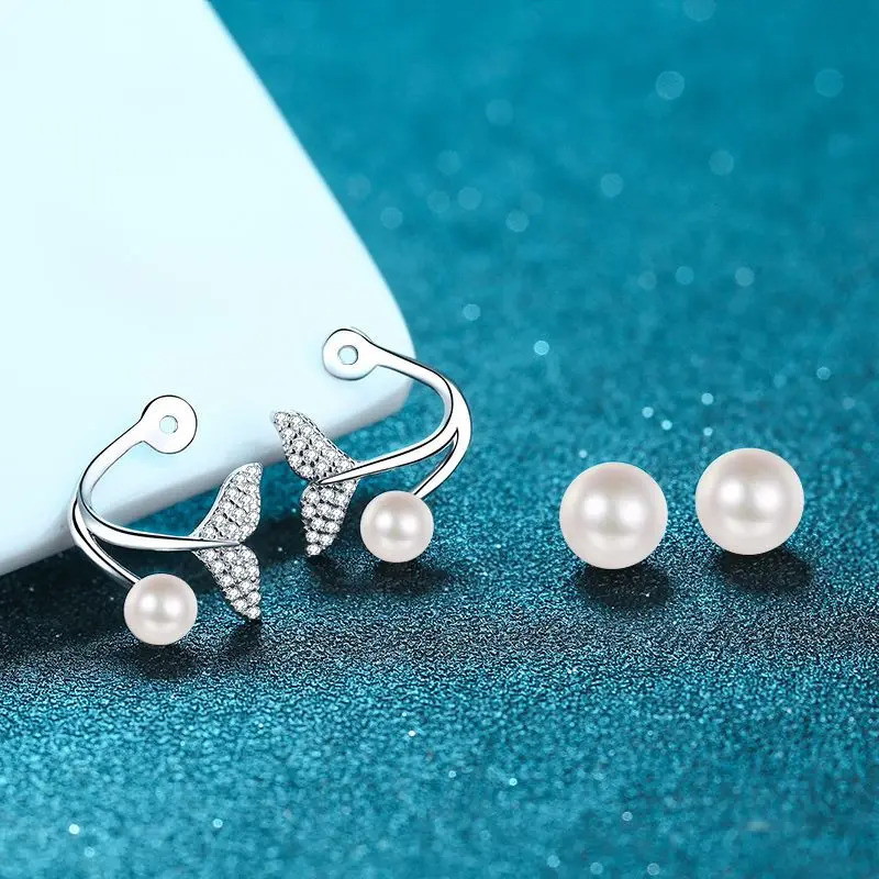 S925 Sterling Silver Women Earrings Mermaid Tail Two Wearing Earrings 8mm Pearl Classic Style 250103