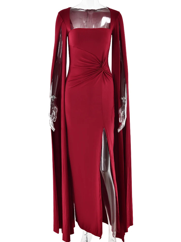 JULISSA MO sexy square neckline high seam womens Maxi dress black long sleeved evening dress autumn ultra-thin elegant party Clubwear 250103