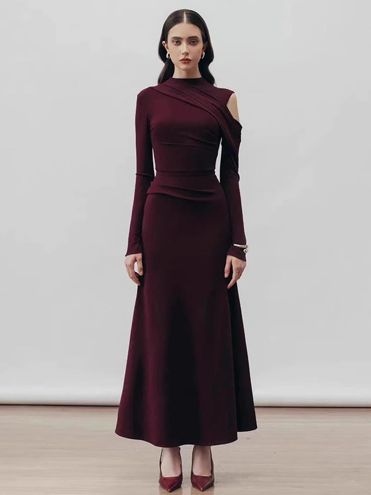DEAT Elegant Dress Half High Neck Hollow Asymmetric Long Sleeve Mid Low Waist Womens Party Dress 2025 Spring Style 13DL999 250103