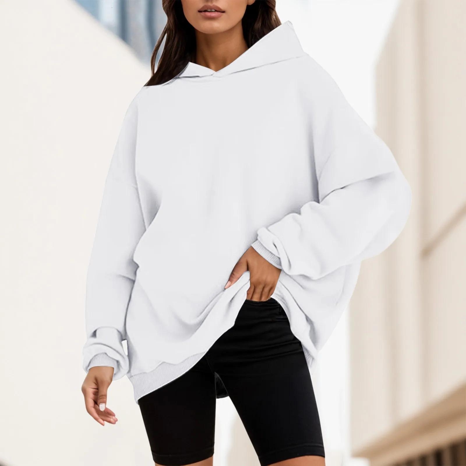 Womens Hoodies Oversized Pullover Long Sleeve Fleece Hooded Sweatshirt Solid Color Autumn Winter Casual Sweatshirts 250103